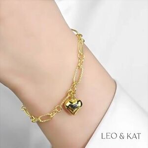 Youth Size Puff Heart Paper Clip Bracelet. 925 Sterling Silver. #1103